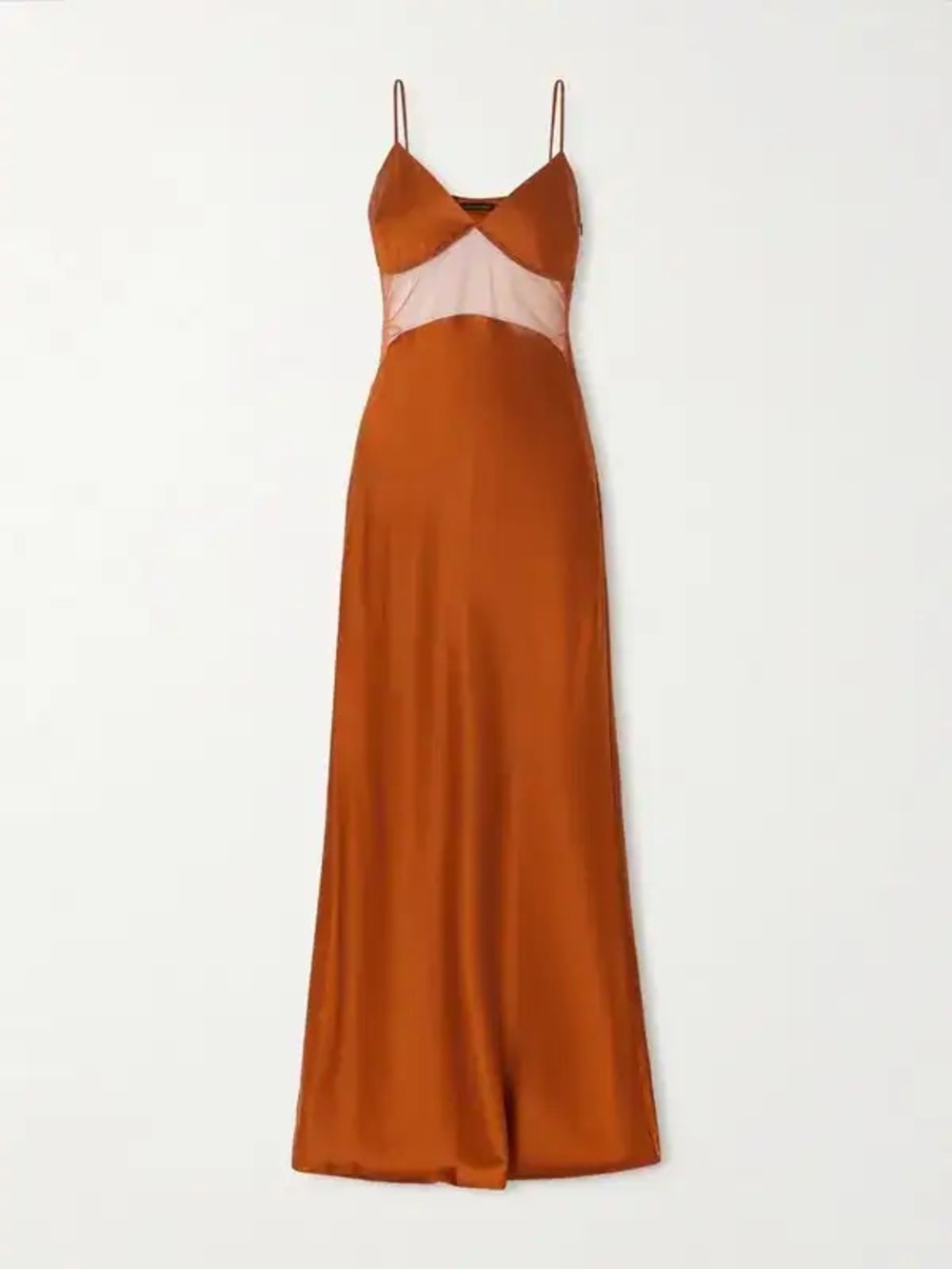 Satin Slip Maxi Dress with Sheer Waist - Rust